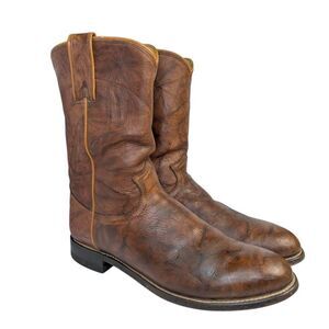 Justin Tan brown leather marbled crinkled midcalf western roper boot mens 8 3163